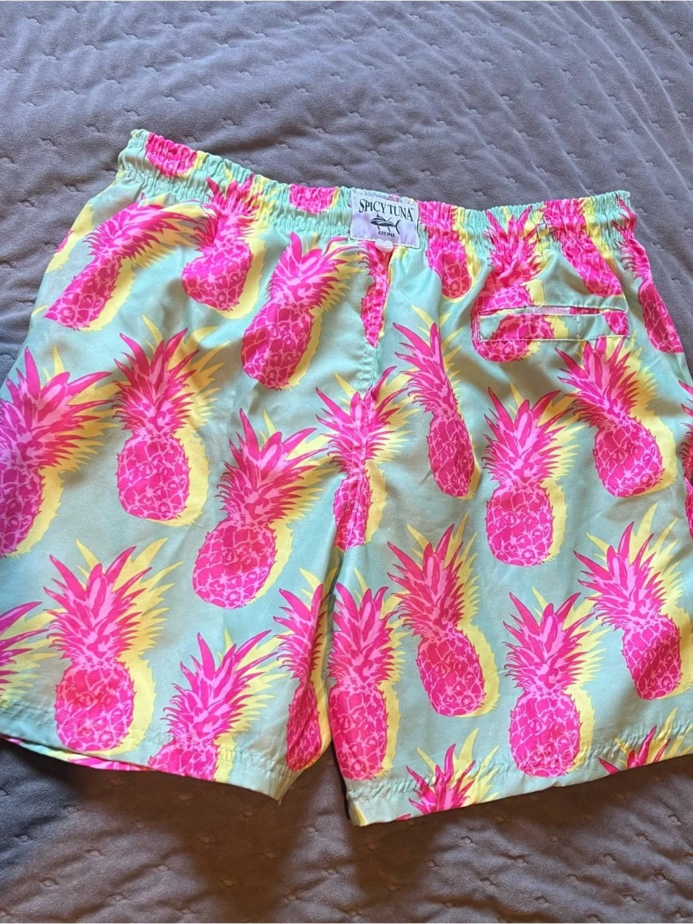 Neon Pineapple Print Men’s Swim Trunks - Pink on Light Green